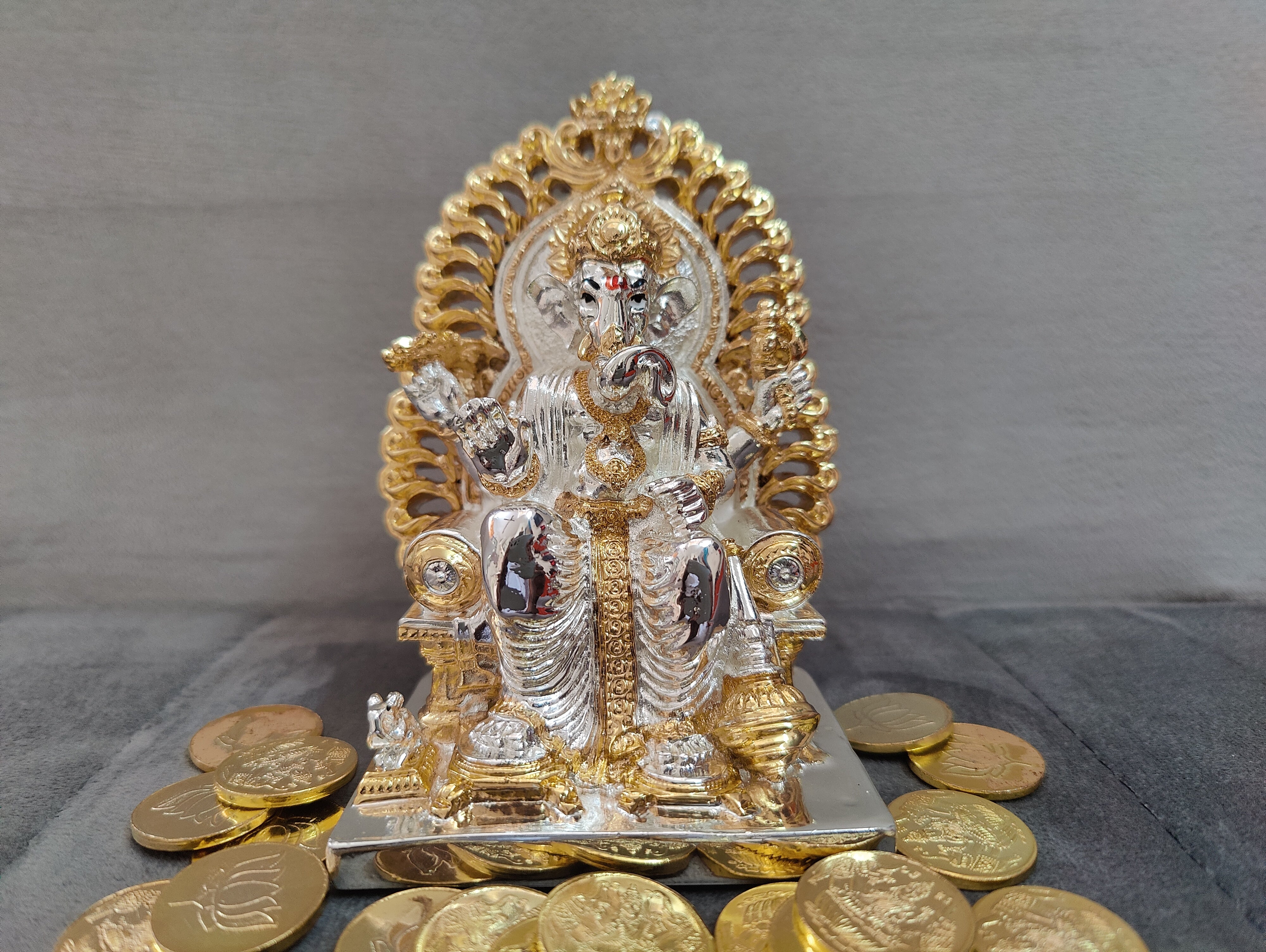 Maharaja Ganesh Idol (Gold and Silver) 5" + Mantra Coins 108