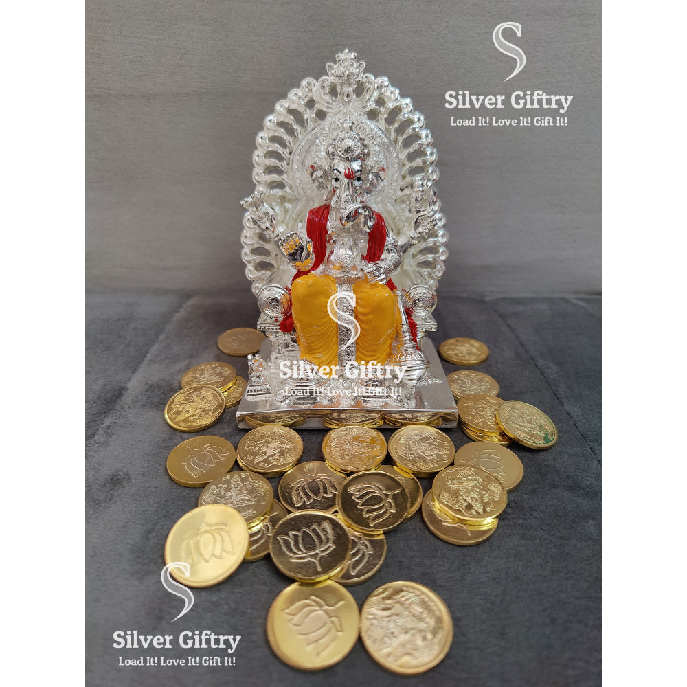 Maharaja Ganesh Idol (Red and Yellow on Silver) 5" + Mantra Coins 108