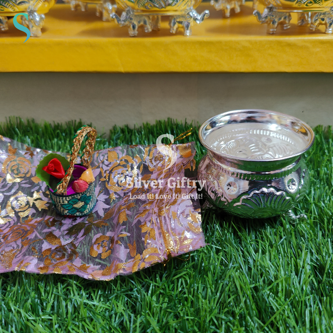 German Silver Washable Kum Kum Bowl Combo With Bag + Haldi