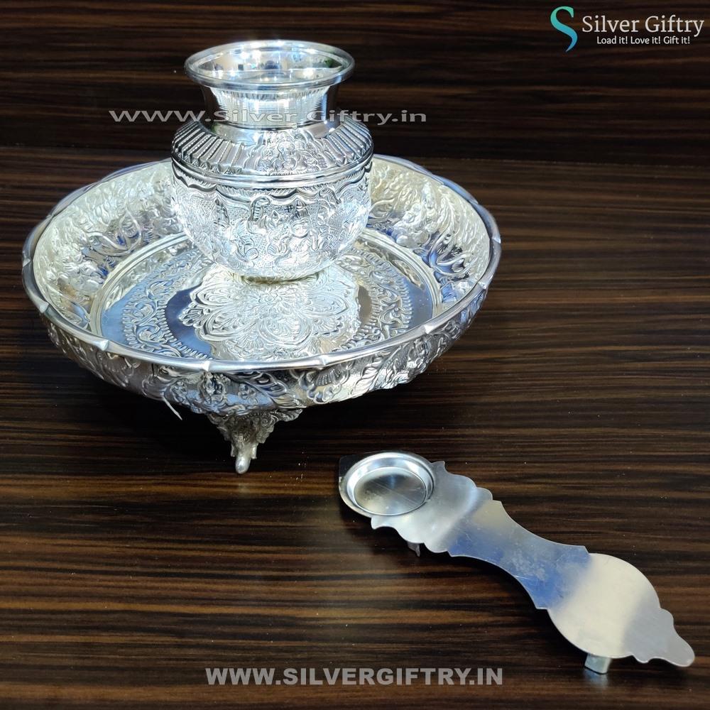 German Silver 10" Lakshmi Plate 5 Kalsha Aarthi and 2" Deepam Medium | Silver Giftry | SGT20K158