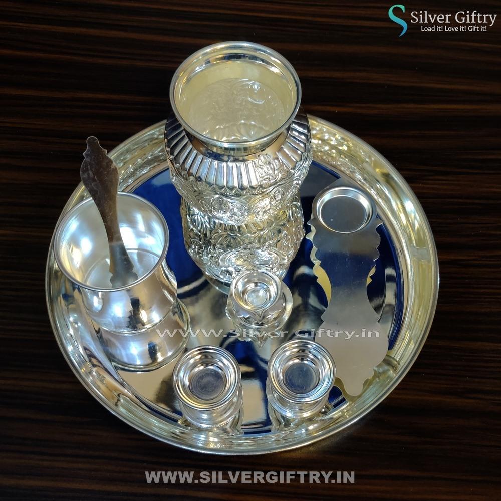 German Silver 10" Lakshmi Plate 5 Kalsha Aarthi and 2" Deepam Kamakshi Diya Panchpatra | Silver Giftry | SGT20K161