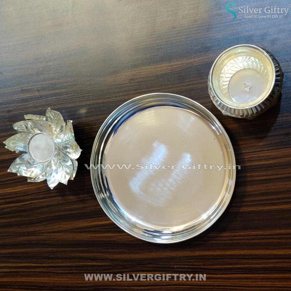 German Silver 10" Plate With Kamal Lotus Stand and Kalsha 5" | Silver Giftry | SGT20K163