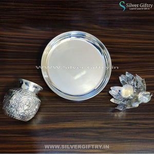 German Silver 10" Plate With Kamal Lotus Stand and Kalsha 5" | Silver Giftry | SGT20K163