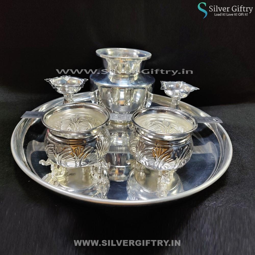 German Silver 12" Plate Kumkum Bowls 4" Diya 4" Kalsha | Silver Giftry | SGT20K169