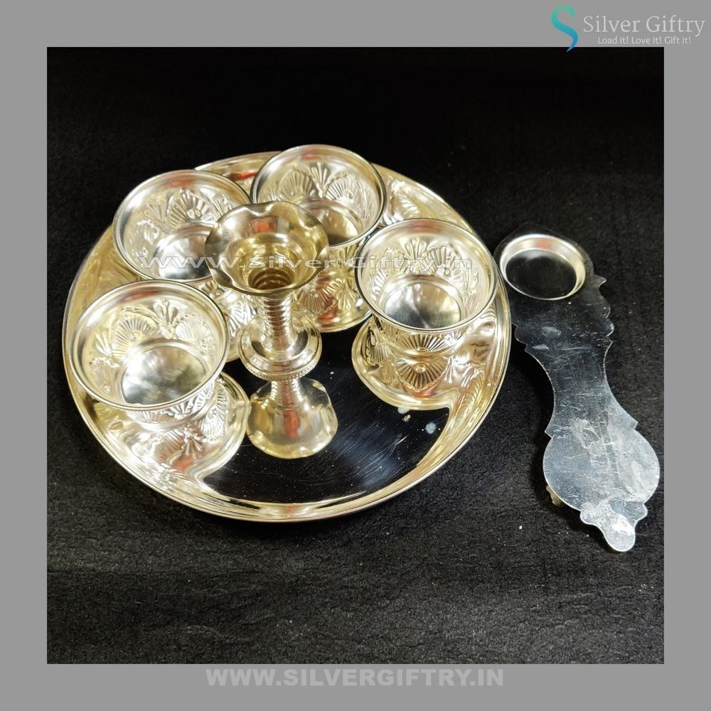 German Silver 8" Pooja Plate bowls Agarbatti and Aarthi Stand | Silver Giftry | SGT20K196