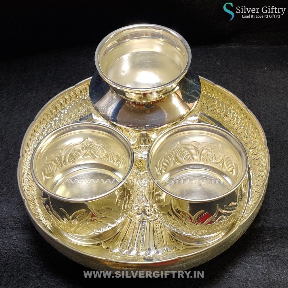 German Silver 9" Naksi Plate Dasaya Bowls 4" Kalsha | Silver Giftry | SGT20K197