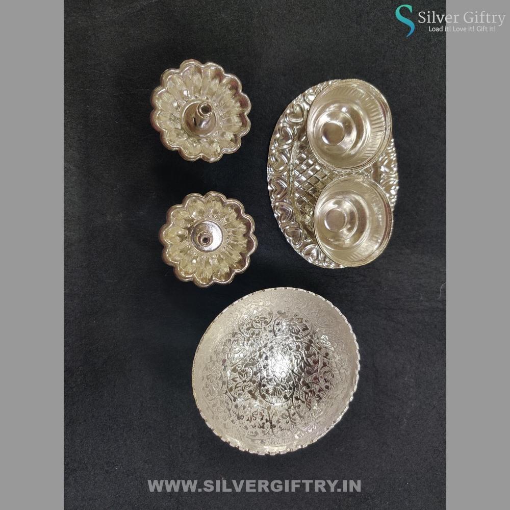 German Silver Combo Diya Bowl Kumkum Platter | Silver Giftry | SGT20K218