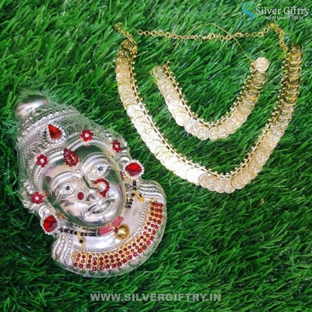 German Silver Decorated Lakshmi Face With Coin Mala | Silver Giftry | SGT20K223