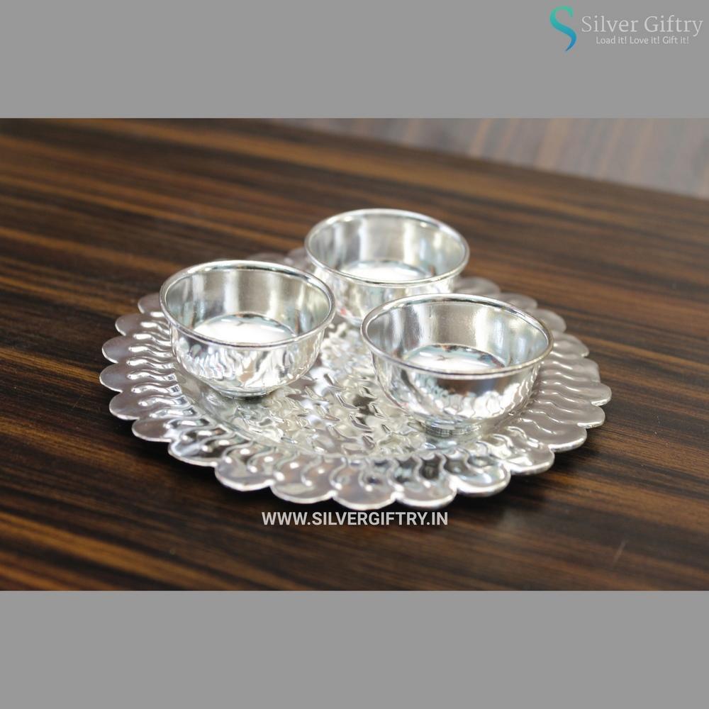 German Silver Kumkum Platter 3 Cups | Silver Giftry | SGT20K261