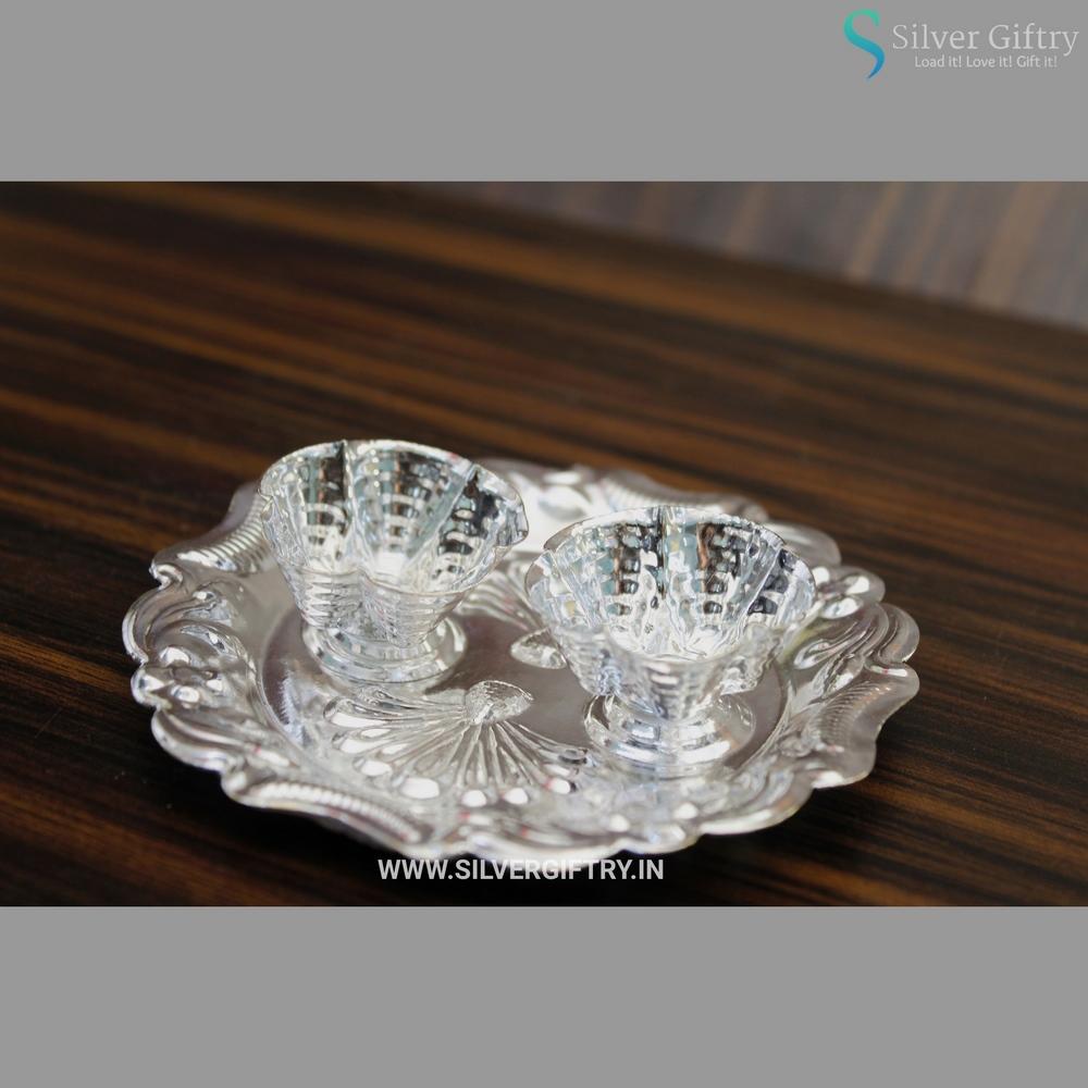 German Silver Kumkum Platter 2 Cups Lotus Shape | Silver Giftry | SGT20K262