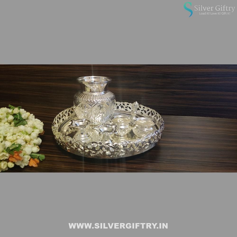 German Silver Lakshmi Face With 6" Kalsha | Silver Giftry | SGT20K268