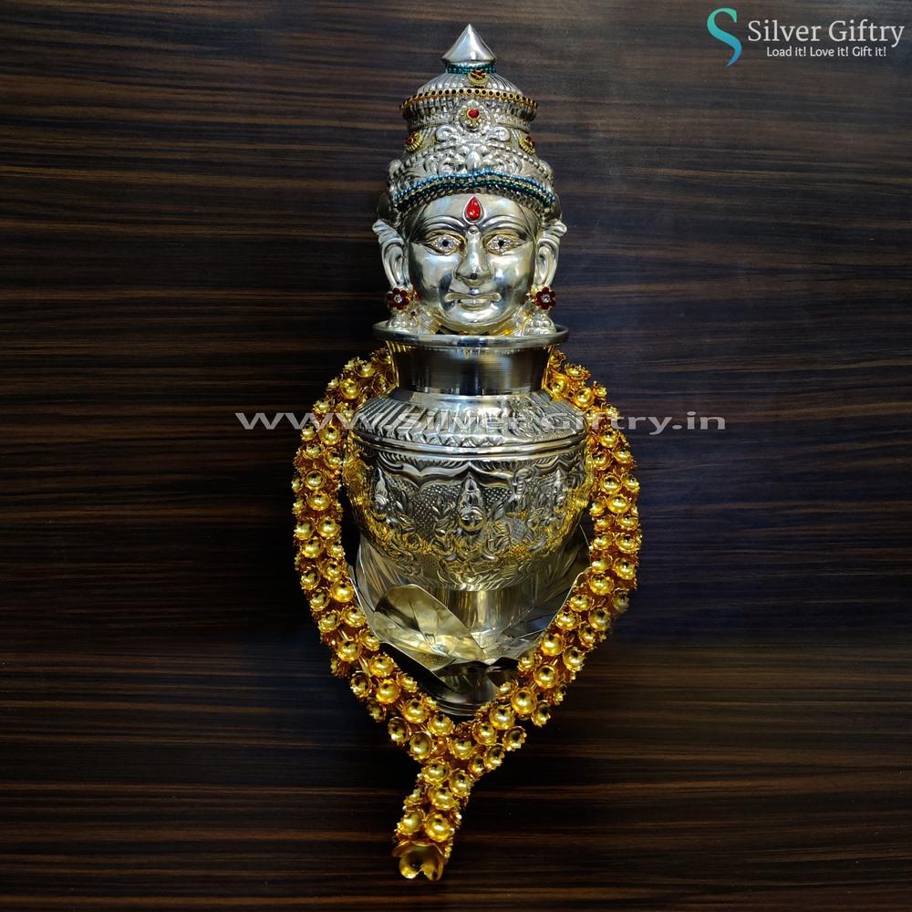 German Silver Lakshmi Face With Lotus Stand And 4" Astalakshmi Kalsha and 12" Mala | Silver Giftry | SGT20K270
