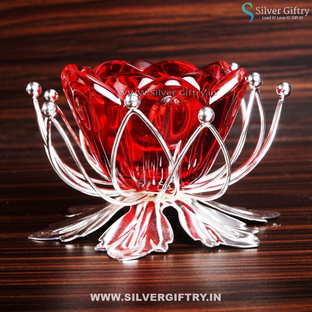 German Silver Lotus Candle Stand Mixed Colours | Silver Giftry | SGT20K273