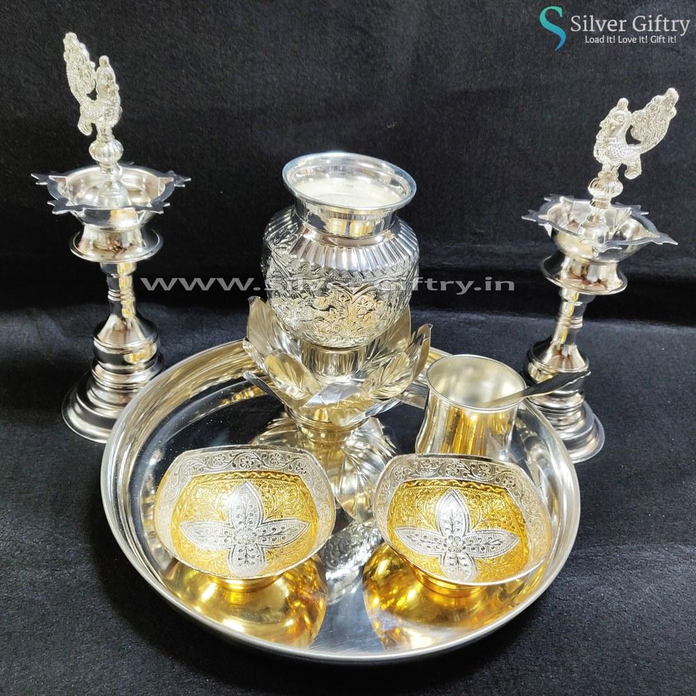 German Silver Lotus Plate Deepam German Silver Gold Bowls Kalsha Panchpatra | Silver Giftry | SGT20K276