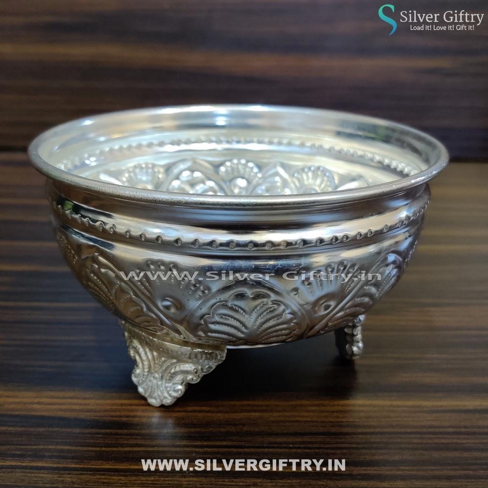 German Silver Prasadam Bowl With Stand Medium | Silver Giftry | SGT20K311