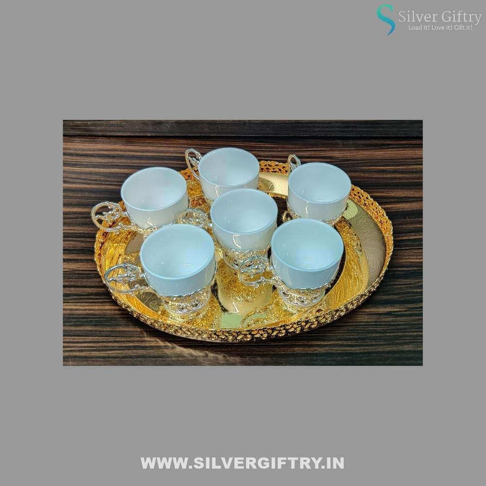 German Silver Tray With German Silver Tea Set Of 6 Glasses Combo (Gold) | Silver Giftry | SGT20K320