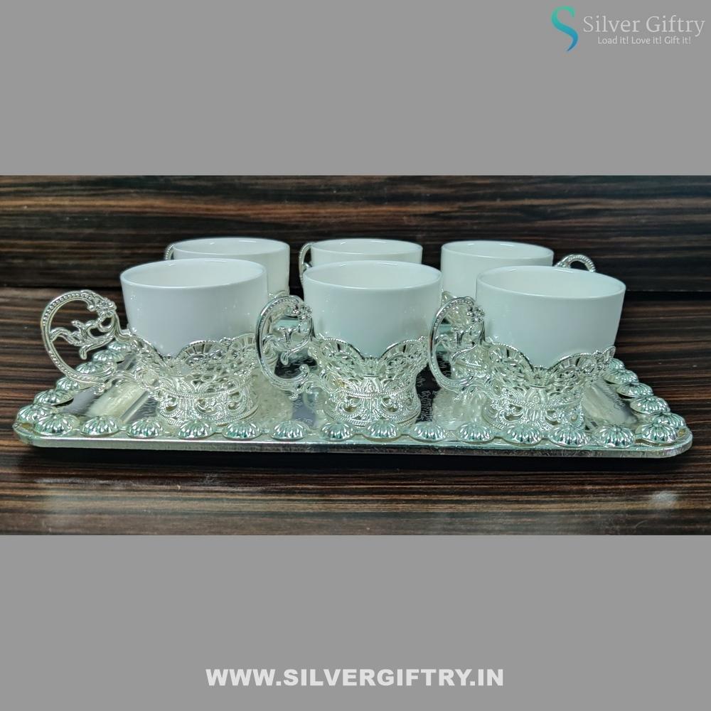 German Silver Tray With German Silver Teaset Of 6 Glasses Combo (Silver) | Silver Giftry | SGT20K321