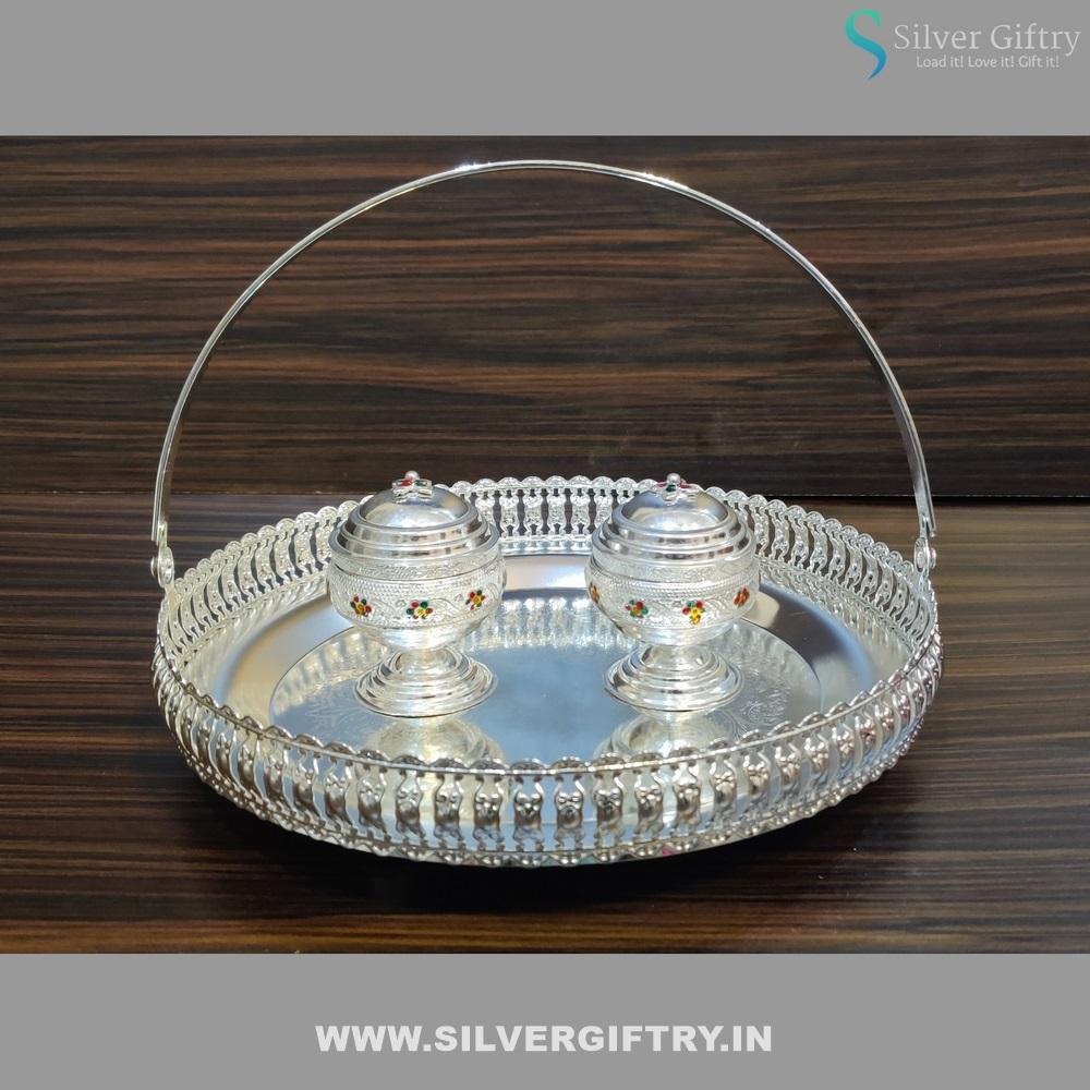 Imported 10" Plate German Silver Meenakri Dabbi | Silver Giftry | SGT20K349