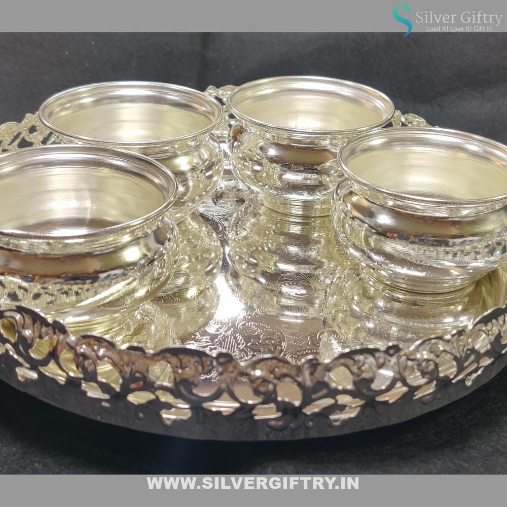 Imported 10" Tray With German Silver Kumkum Bowls 3" Set Of 4 Bowls | Silver Giftry | SGT20K353