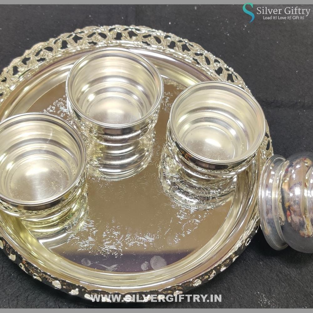 Imported 10" Tray With German Silver Kumkum Bowls 3" Set Of 4 Bowls | Silver Giftry | SGT20K353