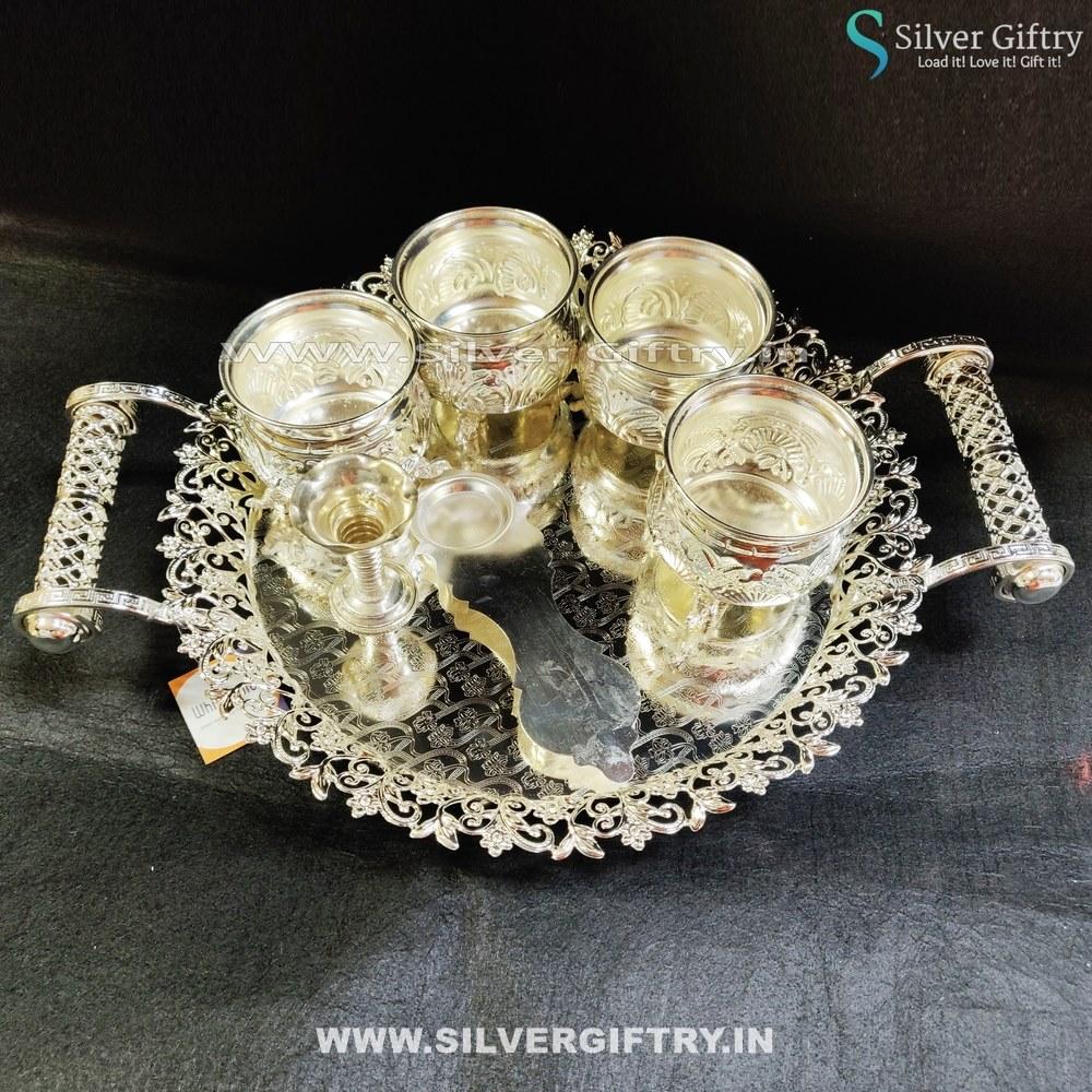 Imported 12" Plate German Silver Bowls 3" Agarbatti and Aarthi Stand | Silver Giftry | SGT20K354