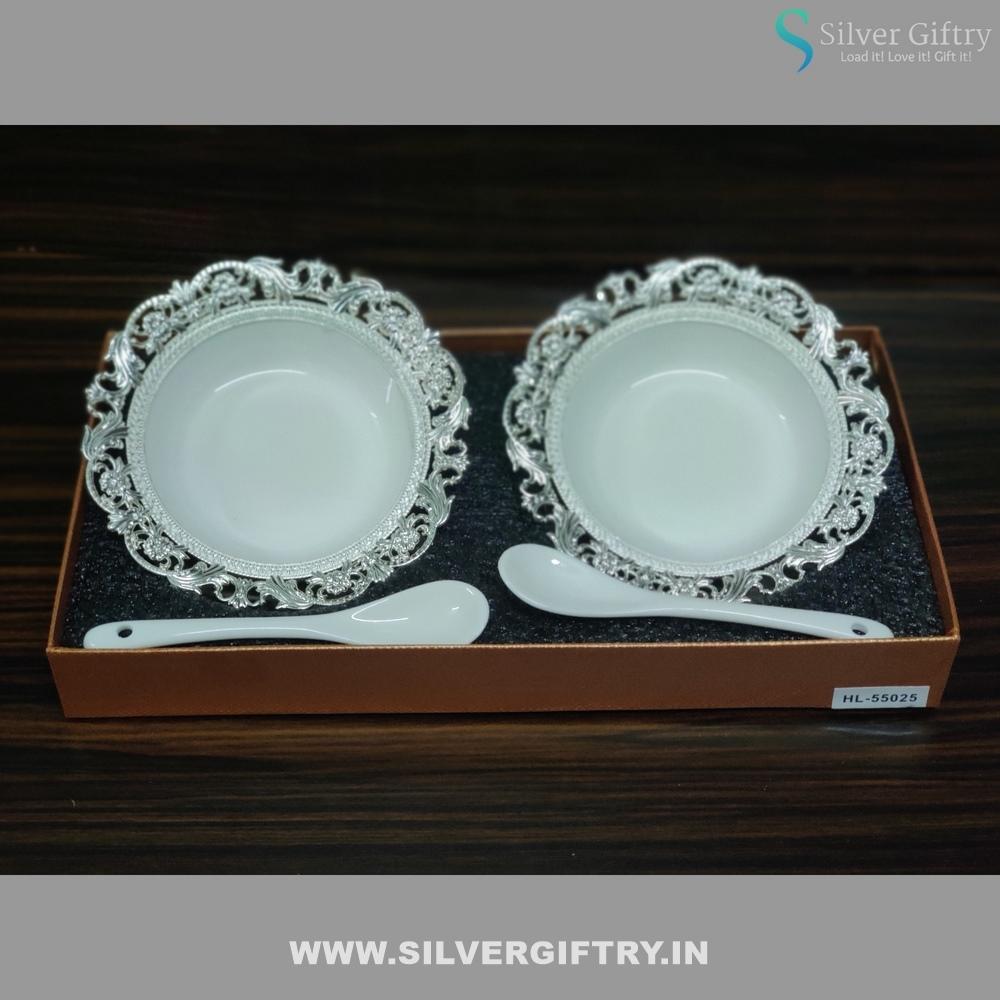 Imported German Silver 5" Bowl With Spoons | Silver Giftry | SGT20K368
