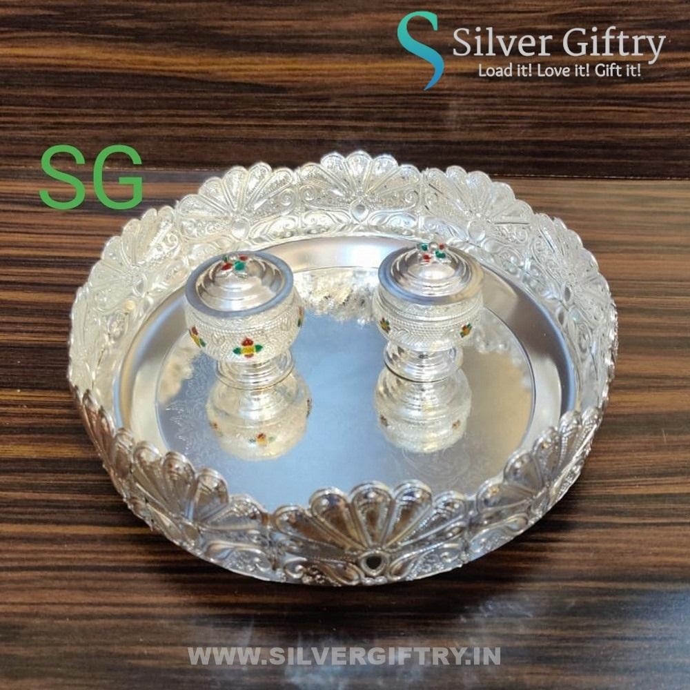 Imported German Silver Feather Tray With Kumkum Dabbi | 2 Sets | Silver Giftry | SGT20K371