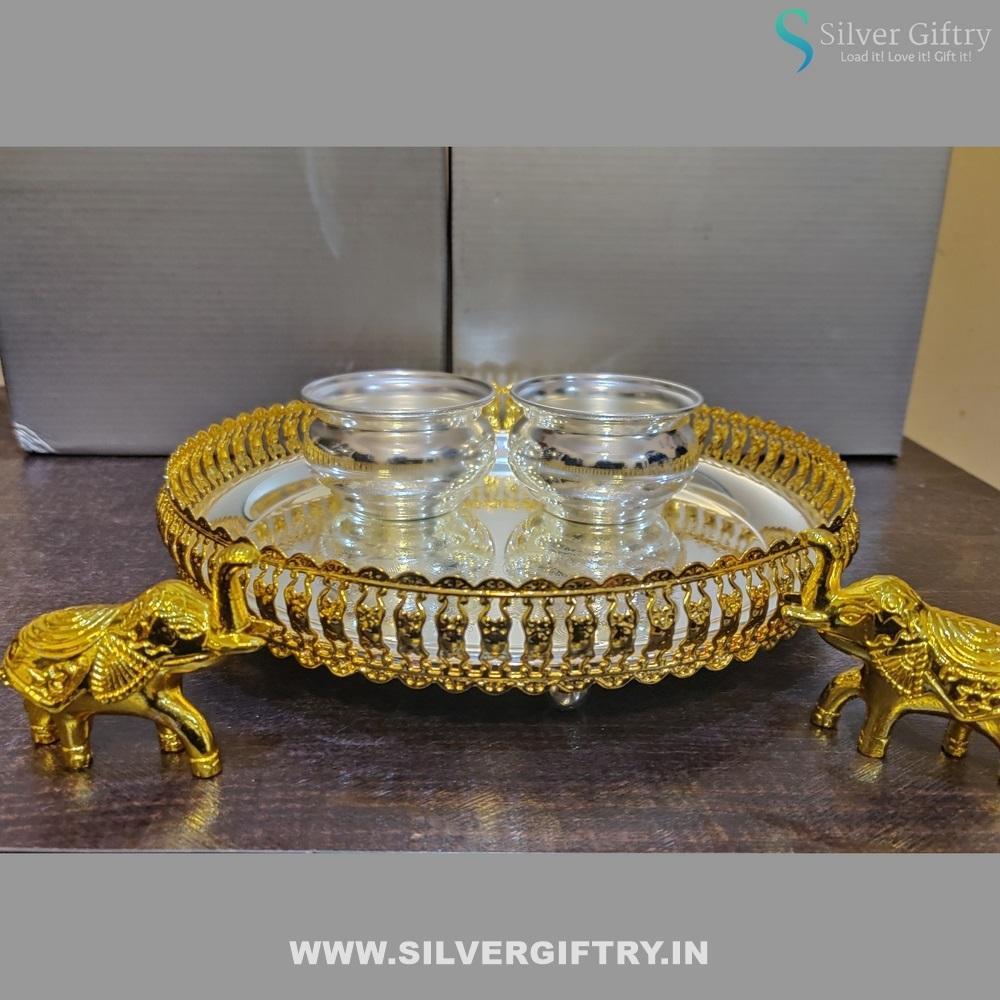 Imported Tray With German Silver Bowls elephant Kumkum Dabbi Pair | Silver Giftry | SGT20K390