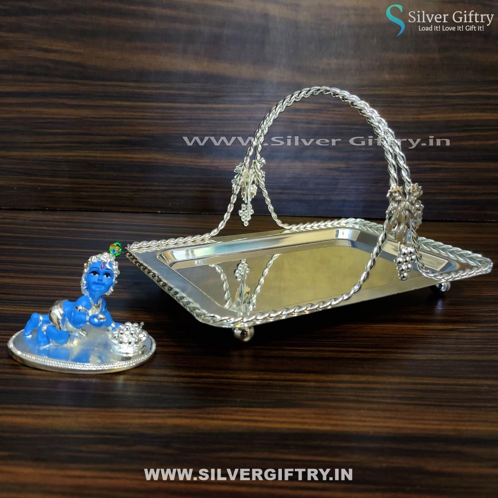 Imported Tray With Handle 10" Blue Laddu Krishna | Silver Giftry | SGT20K391