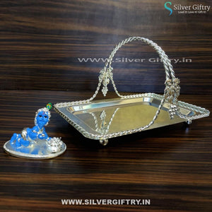 Imported Tray With Handle 10" Blue Laddu Krishna | Silver Giftry | SGT20K391