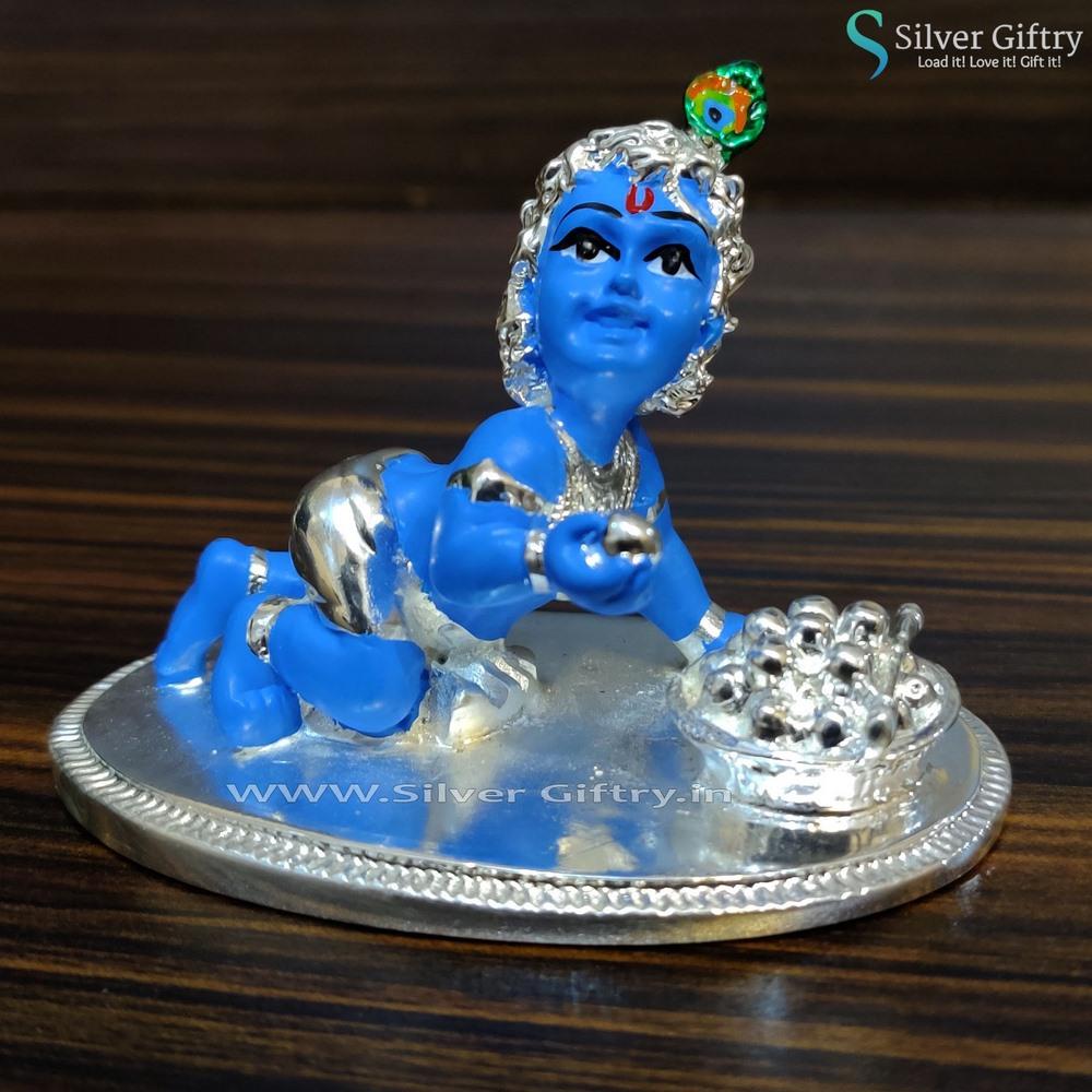 Imported Tray With Handle 10" Blue Laddu Krishna | Silver Giftry | SGT20K391