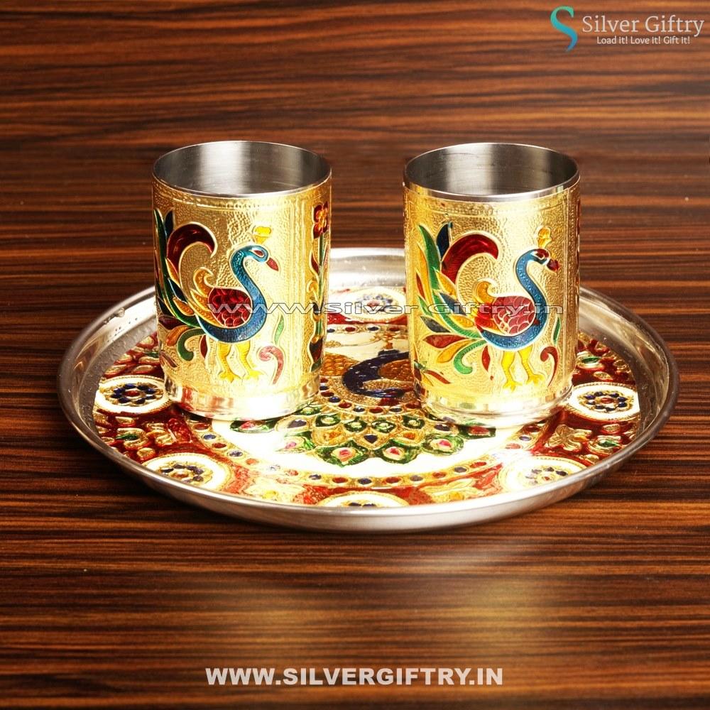 Meenakari 9" Plate With 4" Glasses 2 pcs | Silver Giftry | SGT20K413