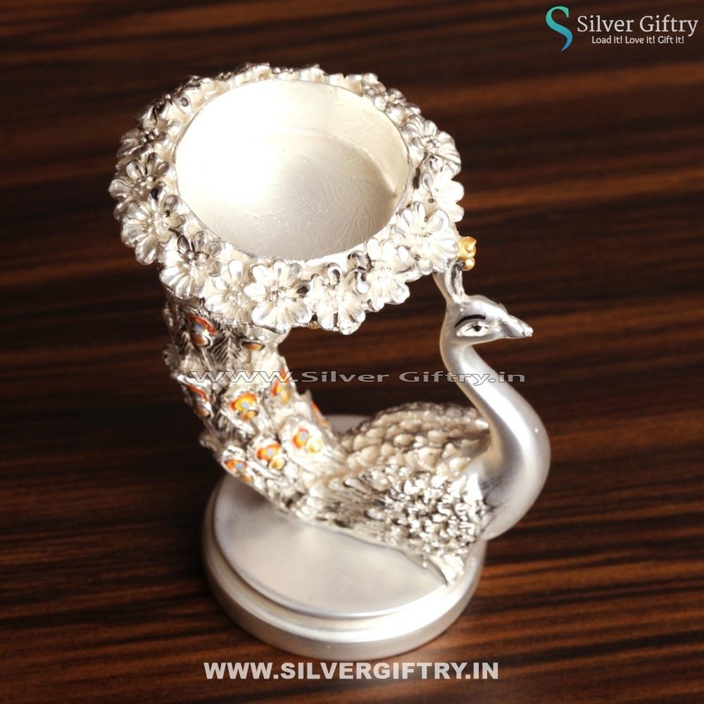 Peacock Candle Stand Pearl Antique Gift Orange | Silver Giftry | SGT20K433