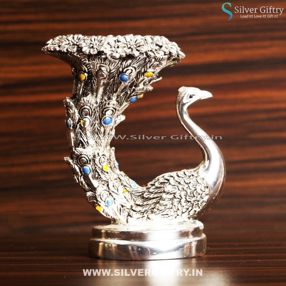 Peacock Candle Stand Silver Antique Gift Blue | Silver Giftry | SGT20K434