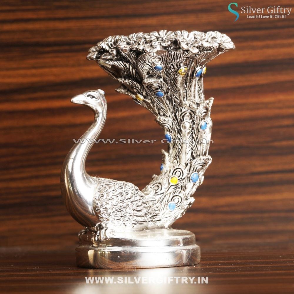 Peacock Candle Stand Silver Antique Gift Blue | Silver Giftry | SGT20K434
