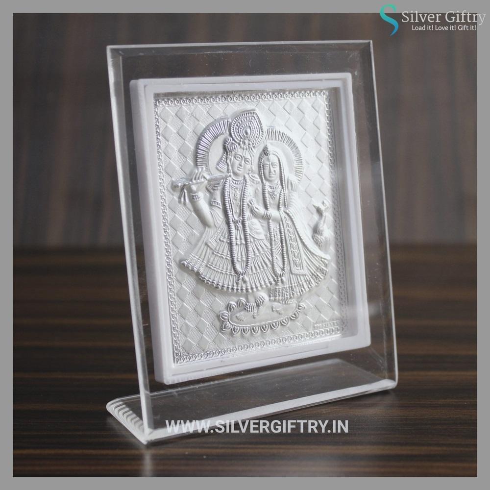 Radha Krishna Silver Glass Frame Diamond Background | Silver Giftry | SGT20K457