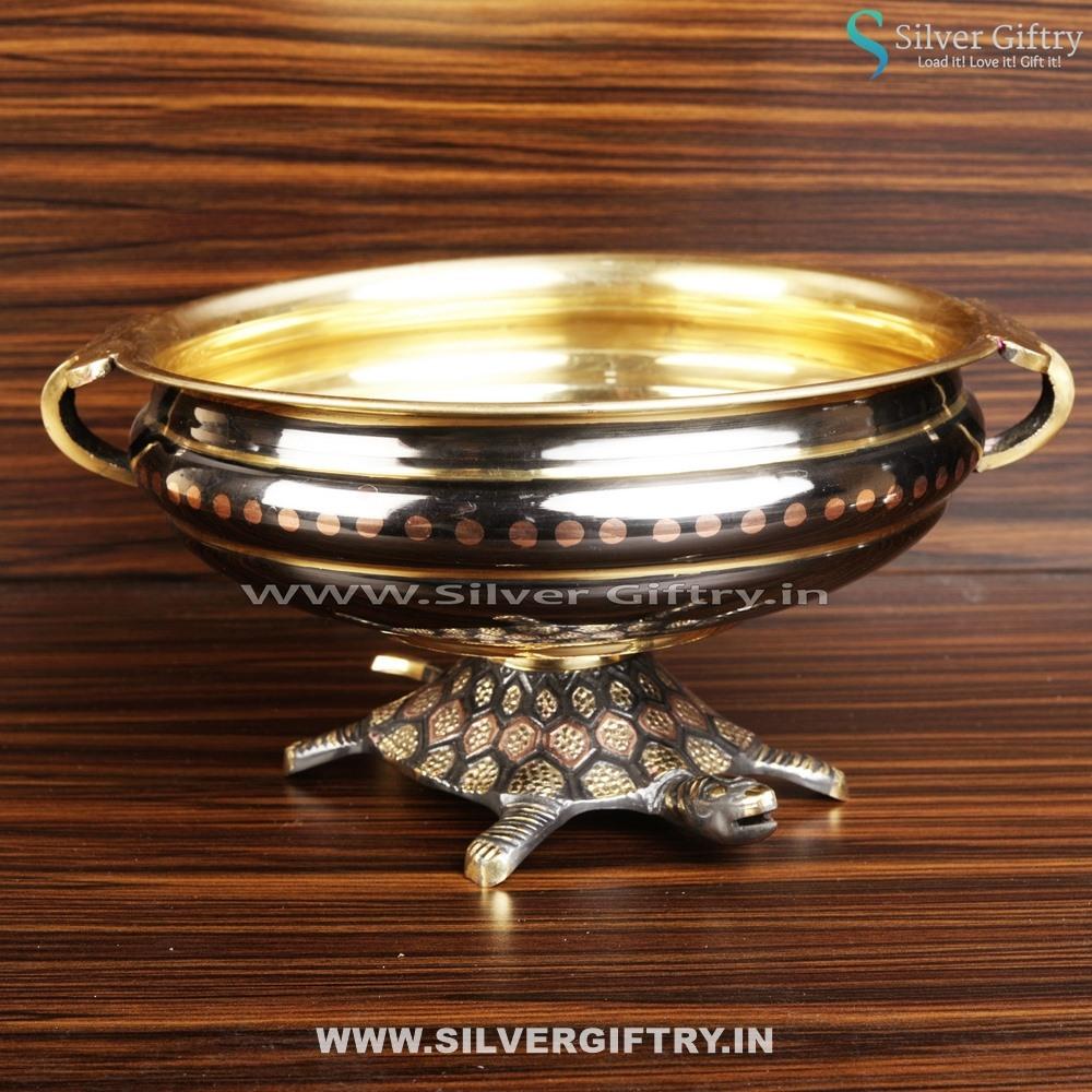 Vasthu Brass Antique Urli With Tortoise Stand | Silver Giftry | SGT20K486