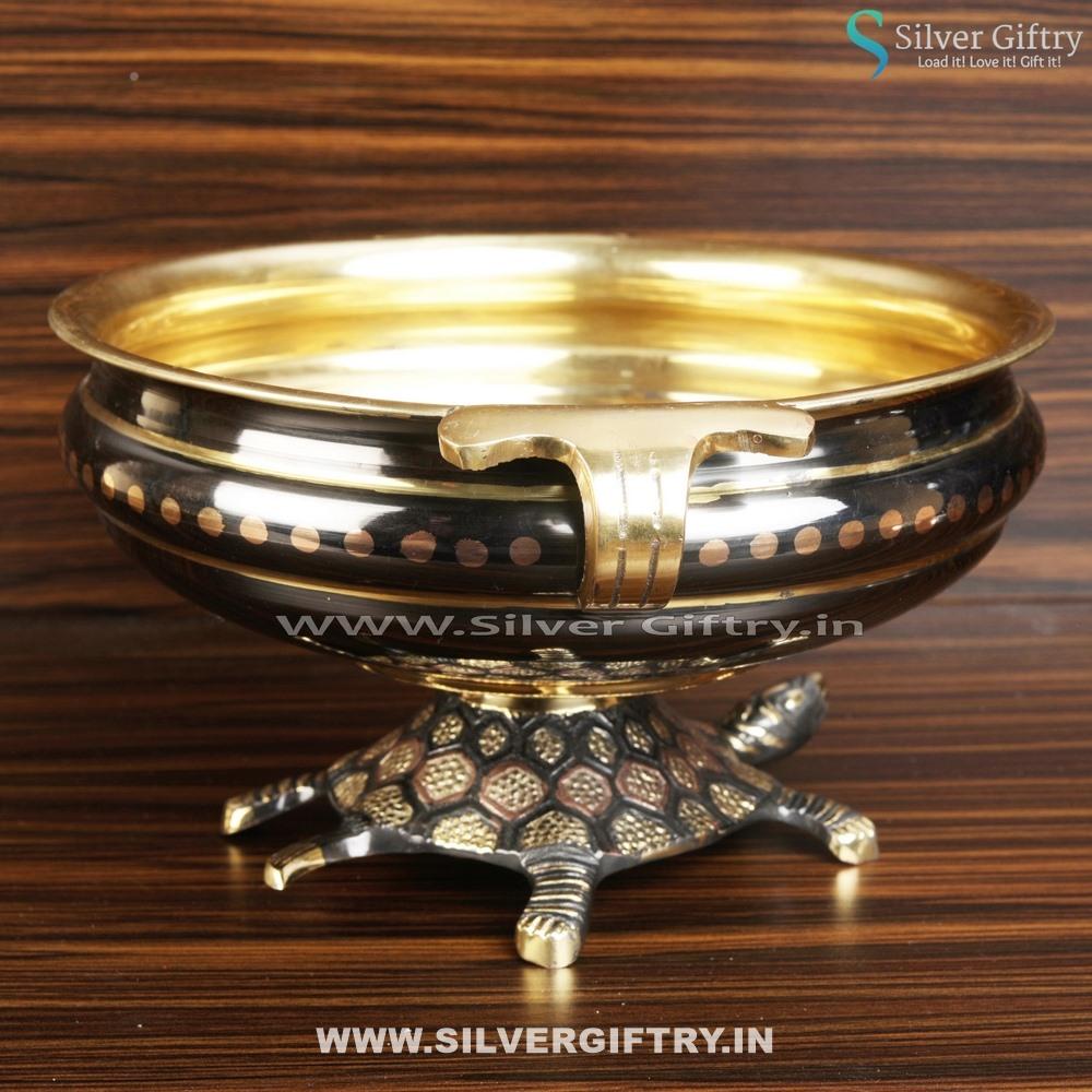 Vasthu Brass Antique Urli With Tortoise Stand | Silver Giftry | SGT20K486