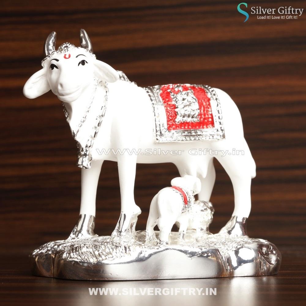 White Silver Cow and Calf Nandhi | Silver Giftry | SGT20K489