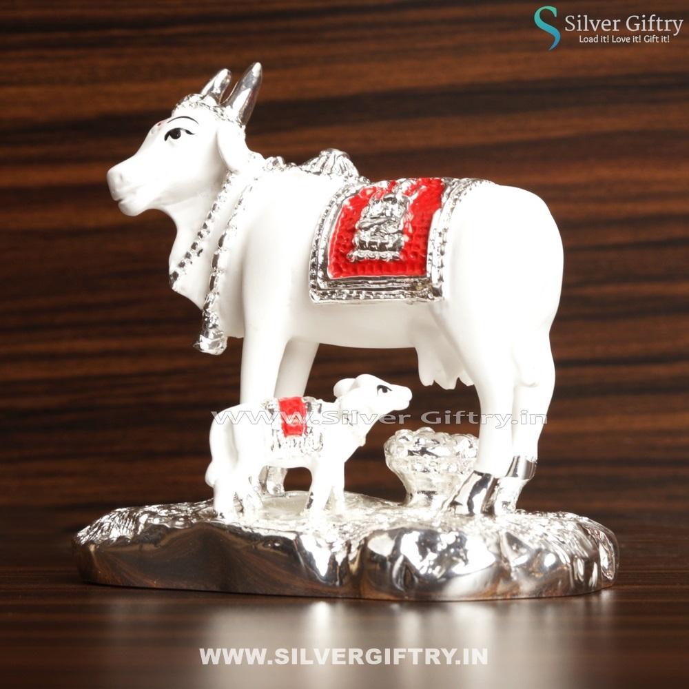 White Silver Cow and Calf Nandhi | Silver Giftry | SGT20K489