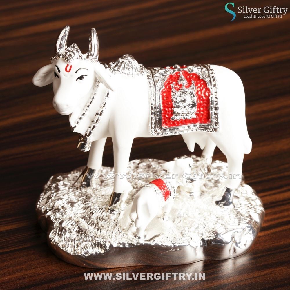 White Silver Cow and Calf Nandhi | Silver Giftry | SGT20K489