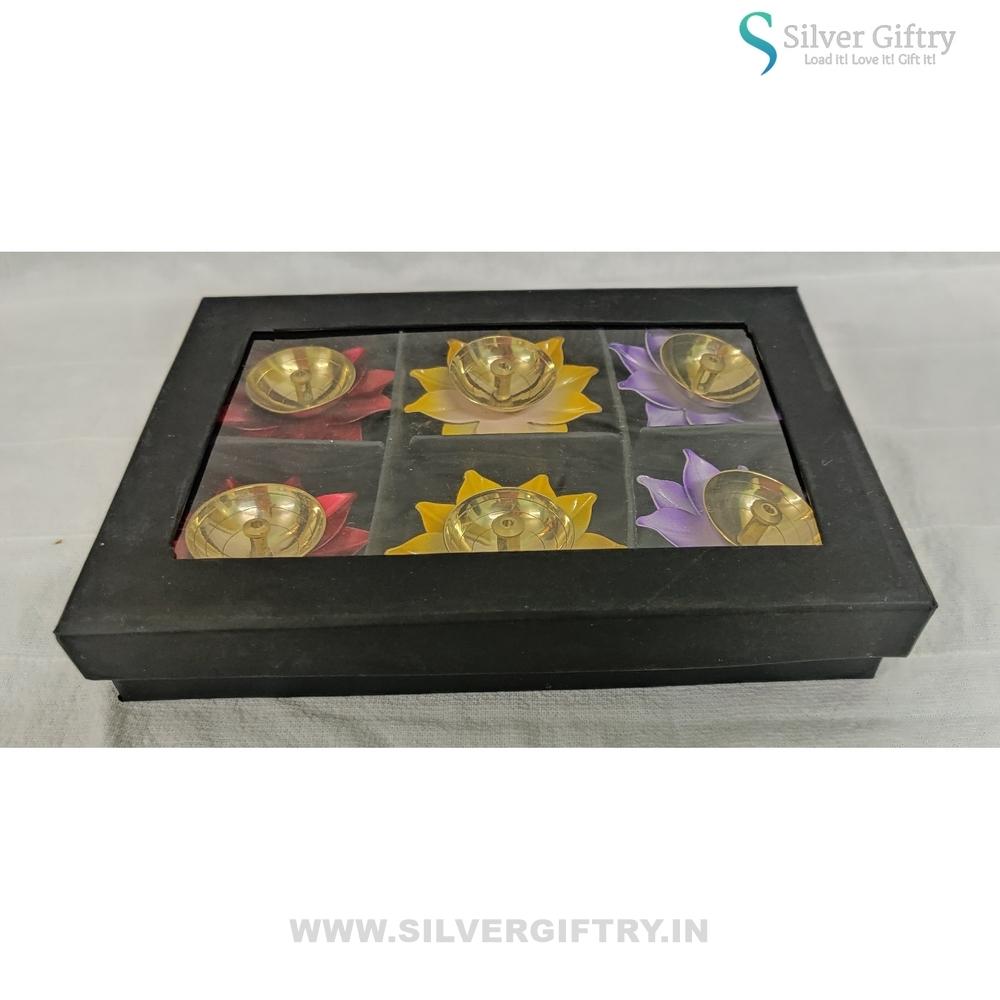 Brass Lotus Diya Mix Colors (Pack Of 6) | Silver Giftry | SGT20K528