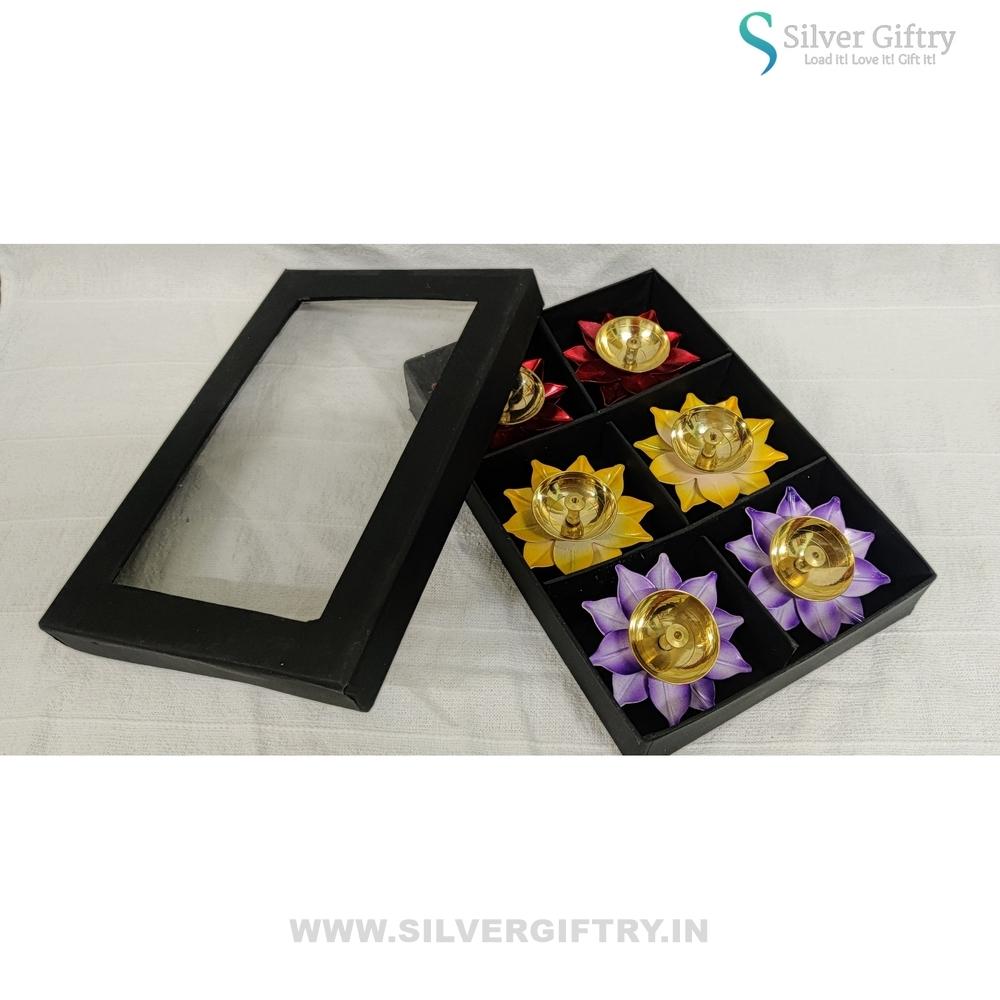Brass Lotus Diya Mix Colors (Pack Of 6) | Silver Giftry | SGT20K528