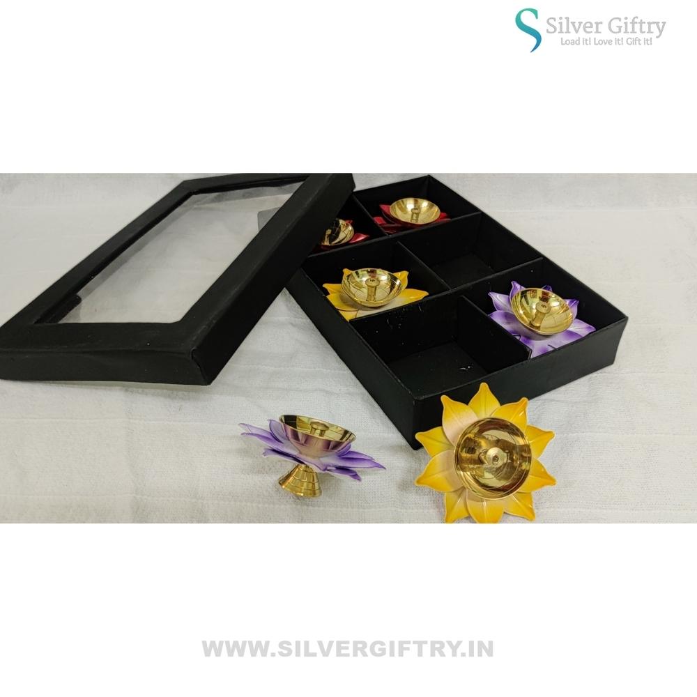 Brass Lotus Diya Mix Colors (Pack Of 6) | Silver Giftry | SGT20K528