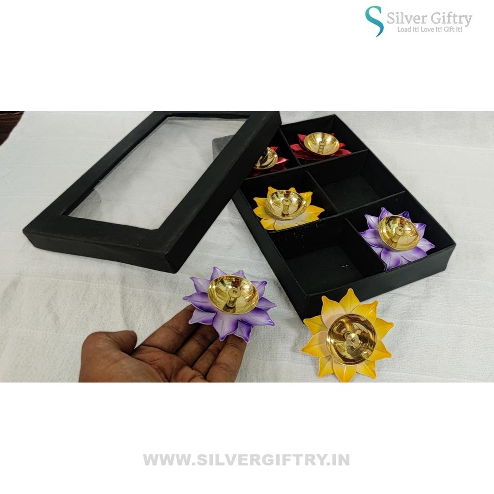 Brass Lotus Diya Mix Colors (Pack Of 6) | Silver Giftry | SGT20K528