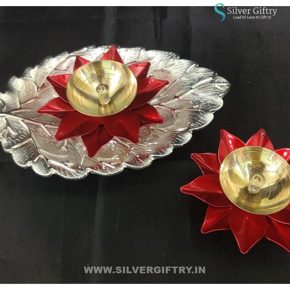 Imported Tray with Brass Lotus Diya Pair Mix Colors | Silver Giftry | SGT20K529