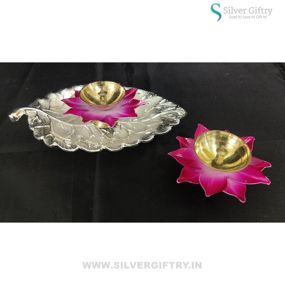 Imported Tray with Brass Lotus Diya Pair Mix Colors | Silver Giftry | SGT20K529
