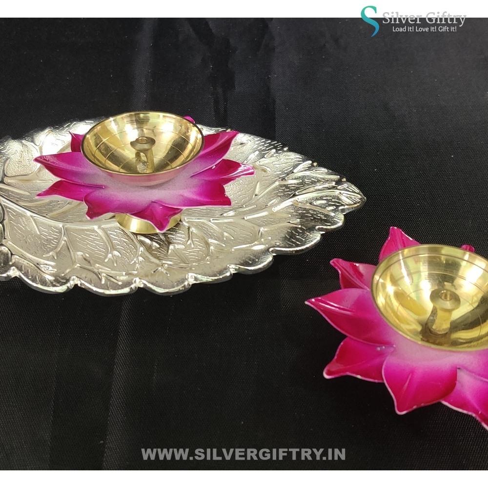 Imported Tray with Brass Lotus Diya Pair Mix Colors | Silver Giftry | SGT20K529