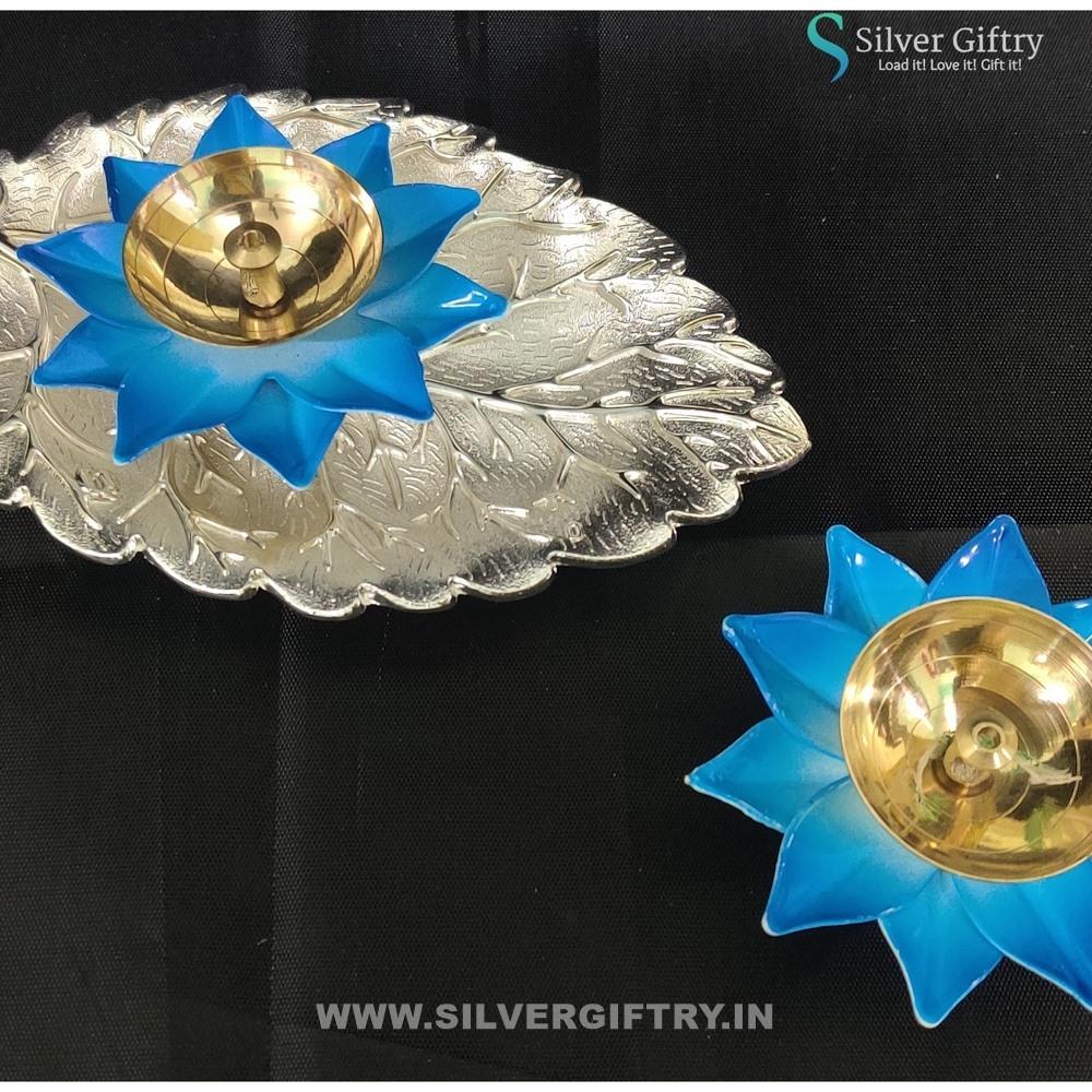 Imported Tray with Brass Lotus Diya Pair Mix Colors | Silver Giftry | SGT20K529