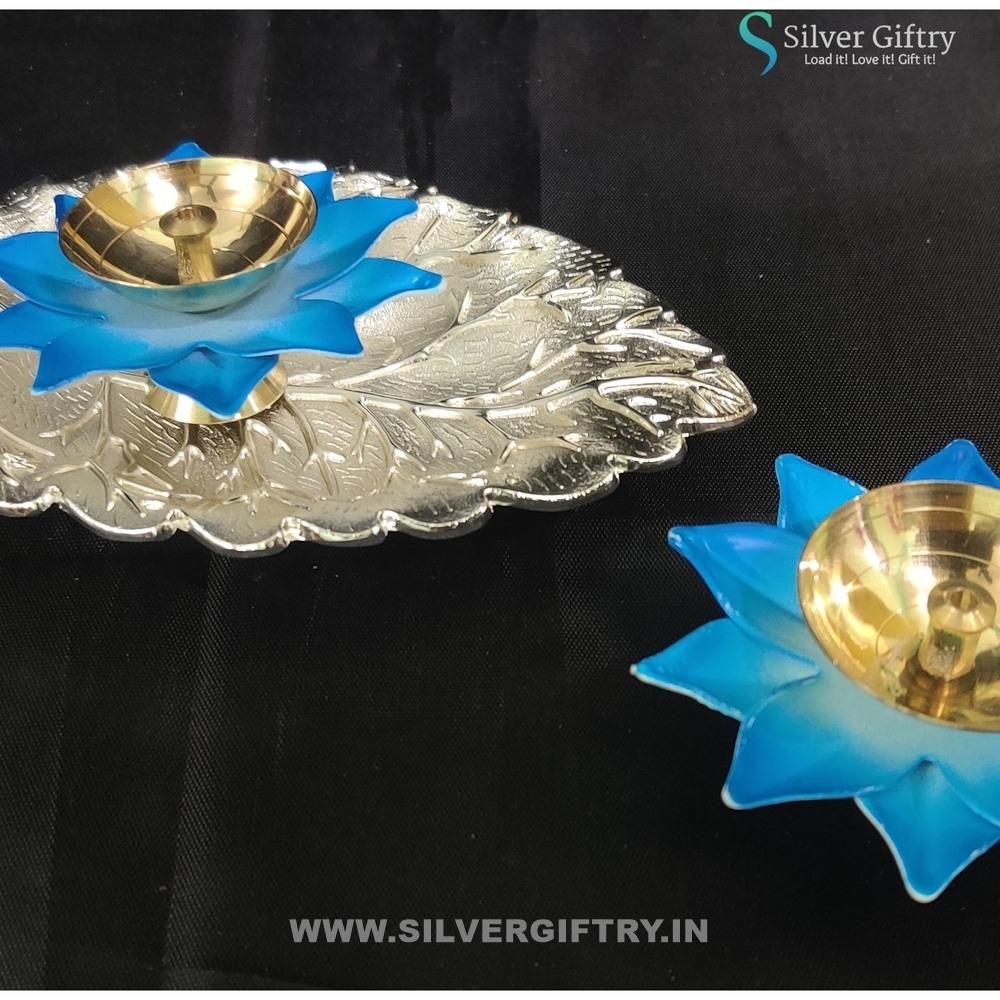 Imported Tray with Brass Lotus Diya Pair Mix Colors | Silver Giftry | SGT20K529